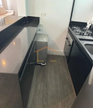 Imagem Apto 1 dormitório, sendo suíte, com armários, sala 2 ambientes, sofá, armário, cozinha american...