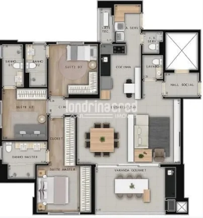 Imagem Apartamento no Ed. Palhano. Dormitórios: 03 sendo 03 suite. Banheiros: 05. Sala. Cozinha. Vagas de garagem: 02. Área útil: 127m²