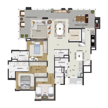 Imagem Apartamento de luxo no Jardim Santo André: 3 quartos, 3 suítes, 4 banheiros, 3 vagas de garagem e 133m² de área no Residencial Piemonte.