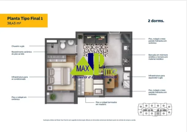 Imagem APARTAMENTO 36,84M²/02 DORMITÓRIOS/SACADA/SEM VAGA