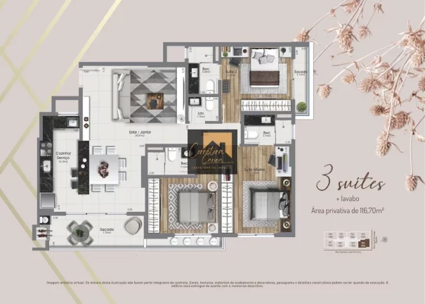 Imagem Apartamento no 11º andar com 116,70m² privativos, 3 quartos sendo 3 suítes com persianas automati...
