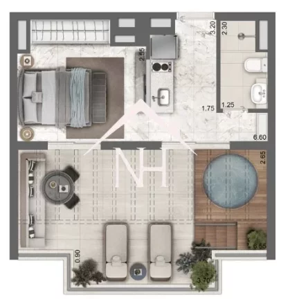 Imagem Sudio de 51m, Planta inteligente e bem distribuída, Varanda c/Jacuzzi, Espaço Gourmet, Lounge Bar, Piscinas, Deck Molhado, Solarium, Fitness, Spa