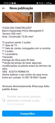 Imagem CASA EM CONSTRUÇÃO DISPONÍVEL PARA VENDA NO PRIMO MENEGHETTI EM FRANCA/SP