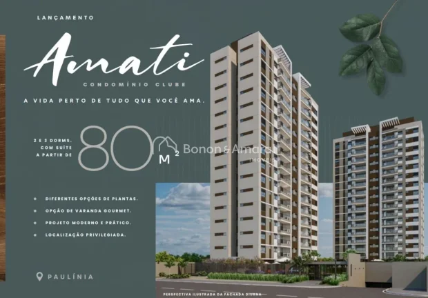 Imagem Apartamento à venda no Amati Condomínio Clube, em Paulínia, com 80,05 m² e um projeto moderno pe...