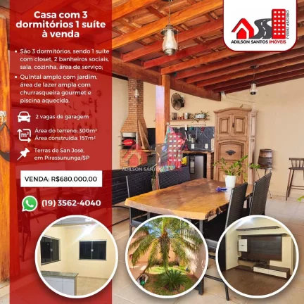 Casa com 3 dorms, Jardim Terras de San José, Pirassununga - R$ 680 mil, Cod: 113