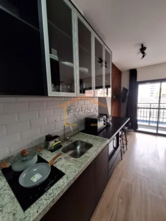Imagem Apartamento com 25m², dispõe de 1 dormitório, 1 banheiro, sacada, cozinha integrada, mobiliado. 
...