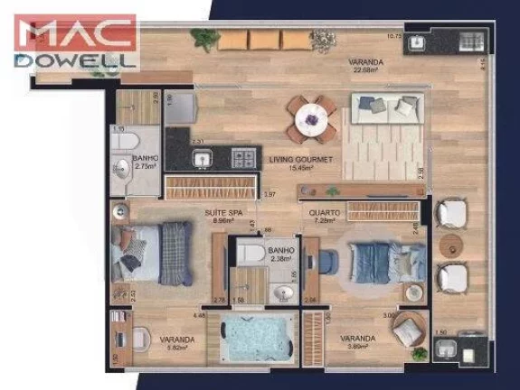 STAGE - Apartamento 82,42 m² com 2 Quartos (1 Suite) e Varanda