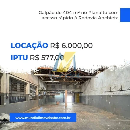 Imagem Galpão de 404 m² no Planalto com acesso rápido à Rodovia Anchieta