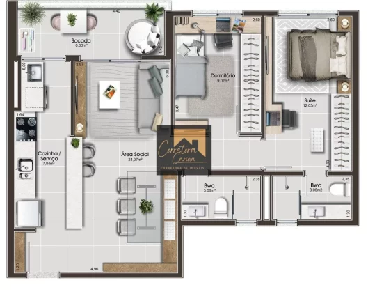 Imagem Apartamento no 7º andar com 77,80m² privativos, 2 quartos sendo 1 suíte! Sala de estar e jantar e...