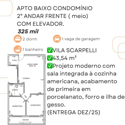 Imagem Apartamento para Venda em Santo André, Vila Scarpelli, 2 dormitórios, 1 banheiro, 1 vaga