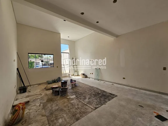 Imagem Casa geminada em construção, 3 quartos (1 suíte), 98m² de área útil, 150m² de terreno, sala, cozinha, 2 banheiros, área gourmet com churrasqueira e 2 vagas.