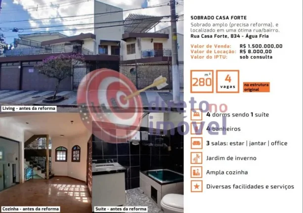 Imagem SOBRADO A VENDA/LOCAÇÃO 280m² 4 QUARTOS 4 VAGAS ÁGUA FRIA SÃO PAULO