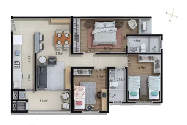Imagem Apartamento mobiliado com 3 dormitórios sendo 1 suíte e 2 vagas no Bairro São João em Itajaí