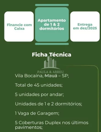 Imagem Apartamento de 42m², 1 Dormitórios, 1 Vaga, Entrega 12/25, Última Unidade, Vila Bocaina, Mauá-SP