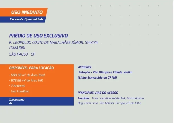 Imagem PRÉDIO DE USO EXCLUSIVO 578,95 M ÁREA ÚTIL 7 LAJES GARAGEM 25 VAGAS RECEPÇÃO ELEVADOR ITAIM BIBI SÃO PAULO PRONTO PARA VÁRIAS ATIVIDADES