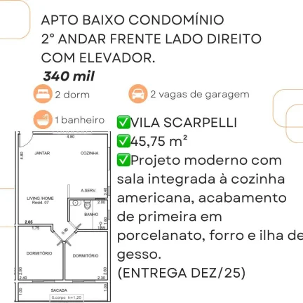 Imagem Apartamento para Venda em Santo André, Vila Scarpelli, 2 dormitórios, 1 banheiro, 1 vaga