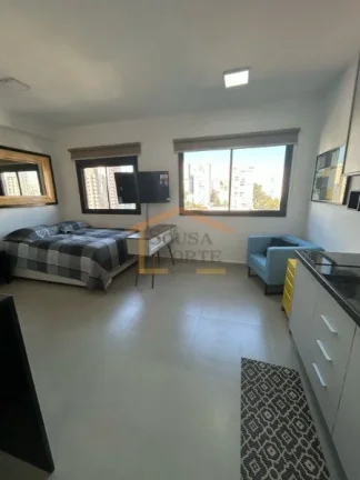 Imagem Apartamento de 25 m², mobiliado, com 1 dormitório, 1 banheiro e armários na cozinha, quarto e ban...