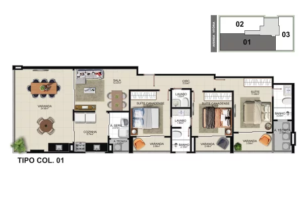 Imagem Apartamento Alto Padrão, 03 Quartos, 01 Suite, Suite Canadense, Area de Lazer Completa, 03 Vagas de Garagem, 117,48 mts2, Praia do Morro, Guarapari - ES