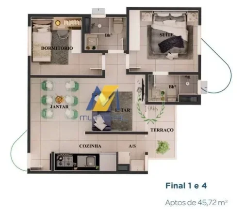 Imagem Apartamento à Venda com 46m², 2 dormitórios, 1 suíte, 1 sala e 1 vaga!!!