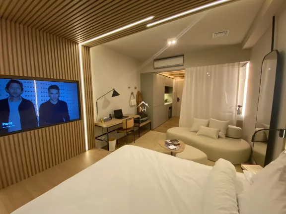 Imagem Studio de 27m com dormitório e terraço, coworking, deck molhado, solarium, espaço gourmet, fitness, sauna, lavanderia, piscina, lounge externo
