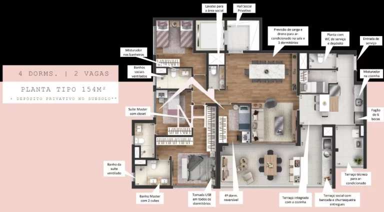 Imagem apartamento de 156m c/ 3 suítes (1 master), terraço gourmet,2 vagas, depósito, Fitness, piscinas, Solarium, Brinquedoteca, Salão de Festas, Playground