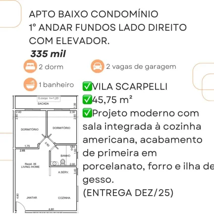 Imagem Apartamento para Venda em Santo André, Vila Scarpelli, 2 dormitórios, 1 banheiro, 1 vaga