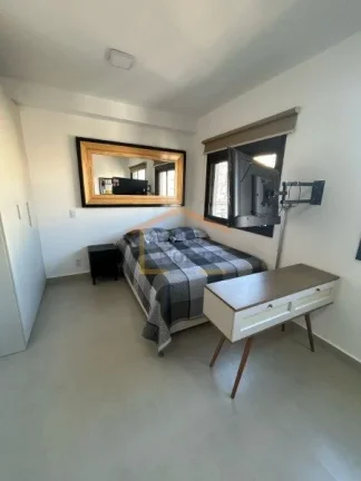 Imagem Apartamento de 25 m², mobiliado, com 1 dormitório, 1 banheiro e armários na cozinha, quarto e ban...