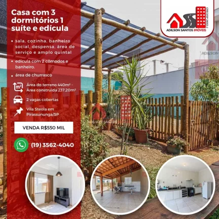 Casa com 3 dorms, Vila Steola, Pirassununga - R$ 550 mil, Cod: 81