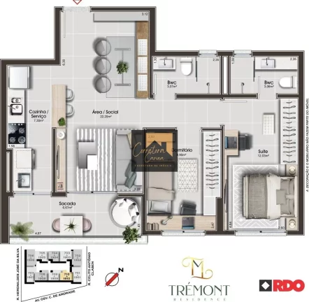 Imagem Apartamento no 10º andar com 74,48m² privativos, 2 quartos sendo 1 suíte! Sala de estar e jantar ...