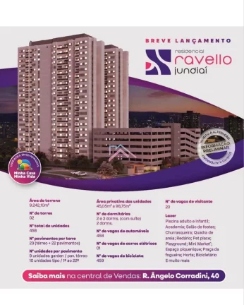 Breve Lançamento de Apartamentos Residencial Ravello - Área útil 45 a 98 m2 com 2 e 3 dormitórios - 1 vaga - Bairro Ponte São João - Jundiaí - São Paulo / COD. 34036