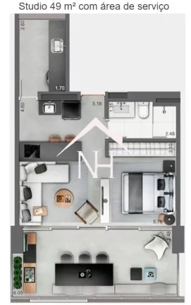 Imagem Studio mobiliado de 49m com 1 dormitório, amplo terraço, área de serviço,1 vaga,Espaço Gourmet,Academia,Quadra de Squash,Piscina Aquecida,Playground