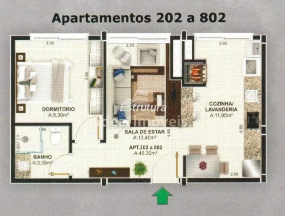 Imagem Apartamento com 2 dormitório sendo 1 suíte, 1 banheiro social, sala de estar e j