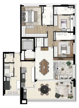 Imagem Os apartamentos são amplos e possuem 156m² com living integrado, 3 suítes, depósito privativo e ...