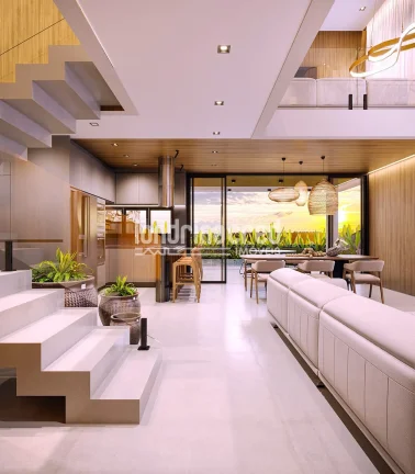 Imagem Planta exclusiva com 243 m² construídos, piscina de 20 m² e terreno de 311 m², com suítes amplas, área gourmet, lounge com lareira, e garagem para 4 carros.