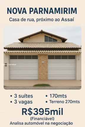 Casa para Venda em Parnamirim, Nova Parnamirim, 3 dormitórios, 3 suítes, 4 banheiros, 3 vagas